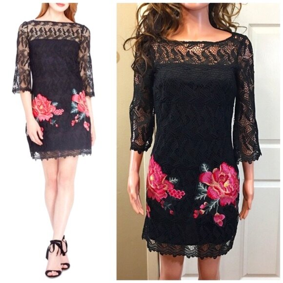 Tahari ASL Black Crochet Embroidered Floral Dress, Size 10 - Picture 1 of 7